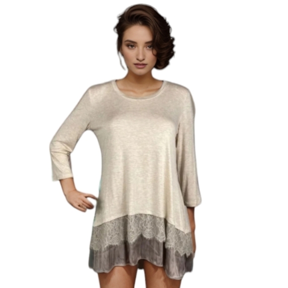 LOGO by Lori Goldstein cream color tunic top with lace trim Size M - Picture 1 of 8